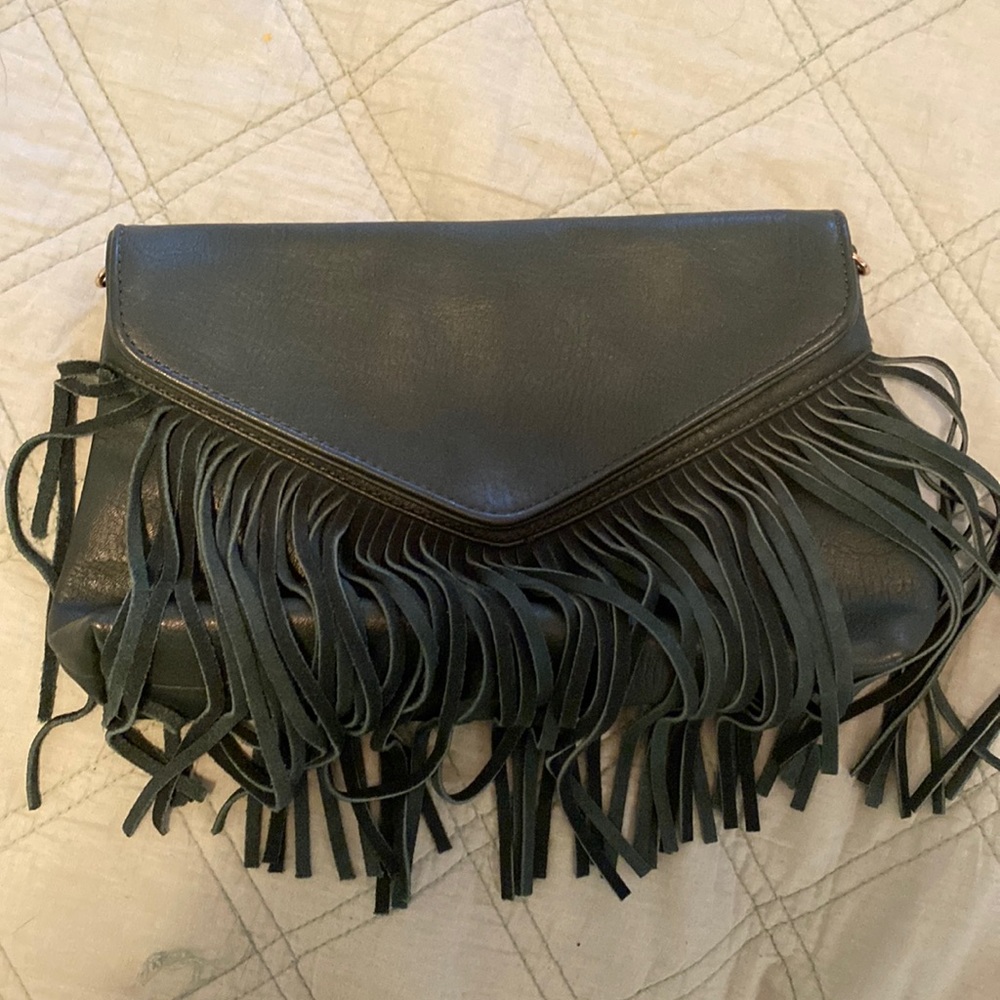 Moss green fringe satchel/clutch